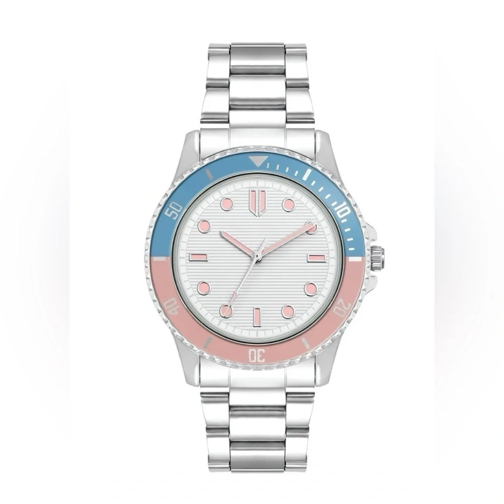 Time And Tru Women’s Silver Tone White, Pink, & Blue Bezel Bracelet Watch